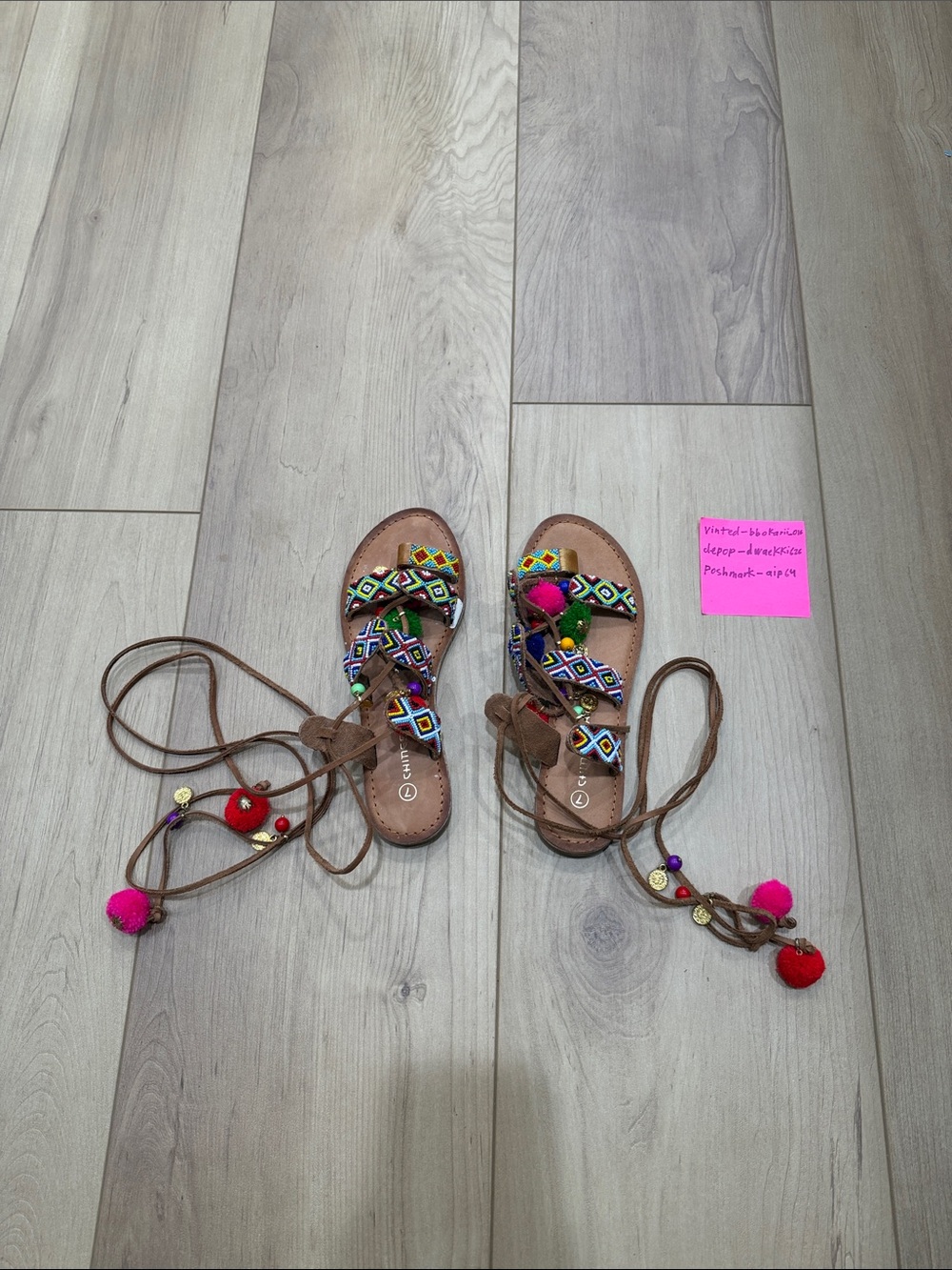 Chinese Laundry Brown Pom-Pom Beaded Sandals